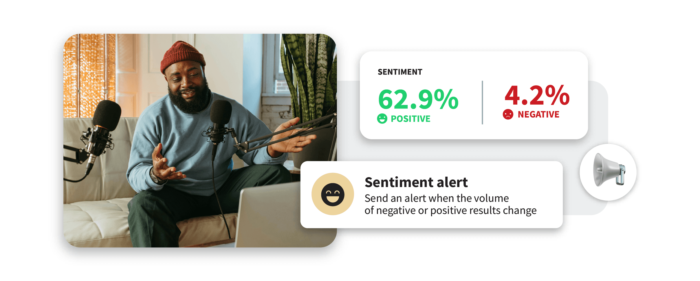Content creator recording podcast in home studio with sentiment analysis showing 62.9% positive and 4.2% negative feedback
