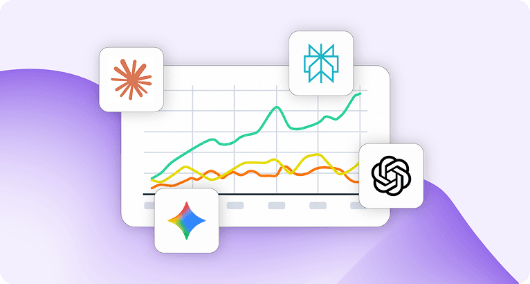 A line graph with colorful trend lines surrounded by AI tool logos including Claude, Perplexity, Google Gemini, and ChatGPT.