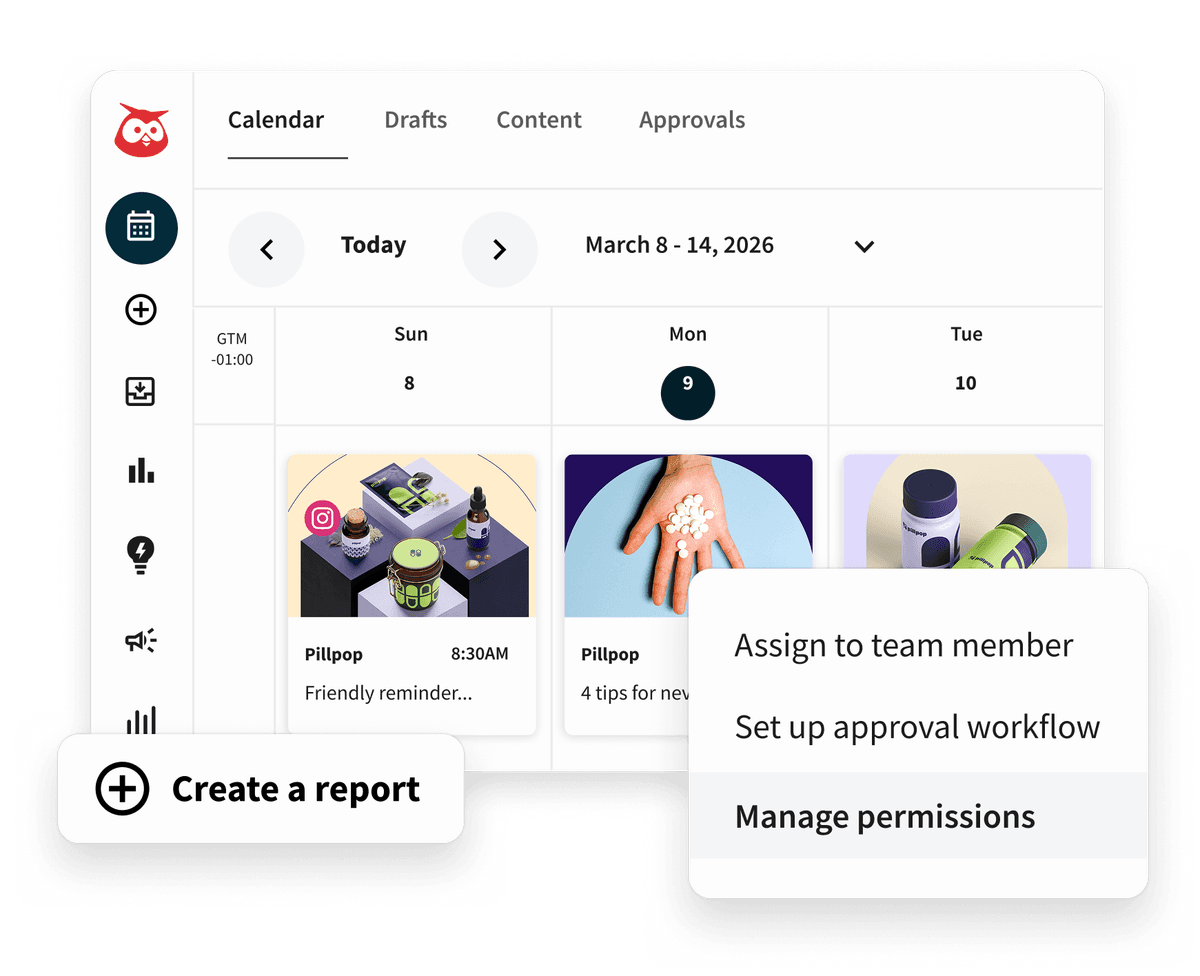 Hootsuite dashboard showing a content calendar for March 2026 with scheduled posts, team assignment, and approval workflow options.