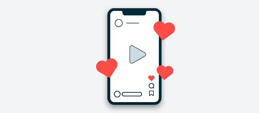Illustration of a smartphone displaying a video player interface with red heart icons floating around it