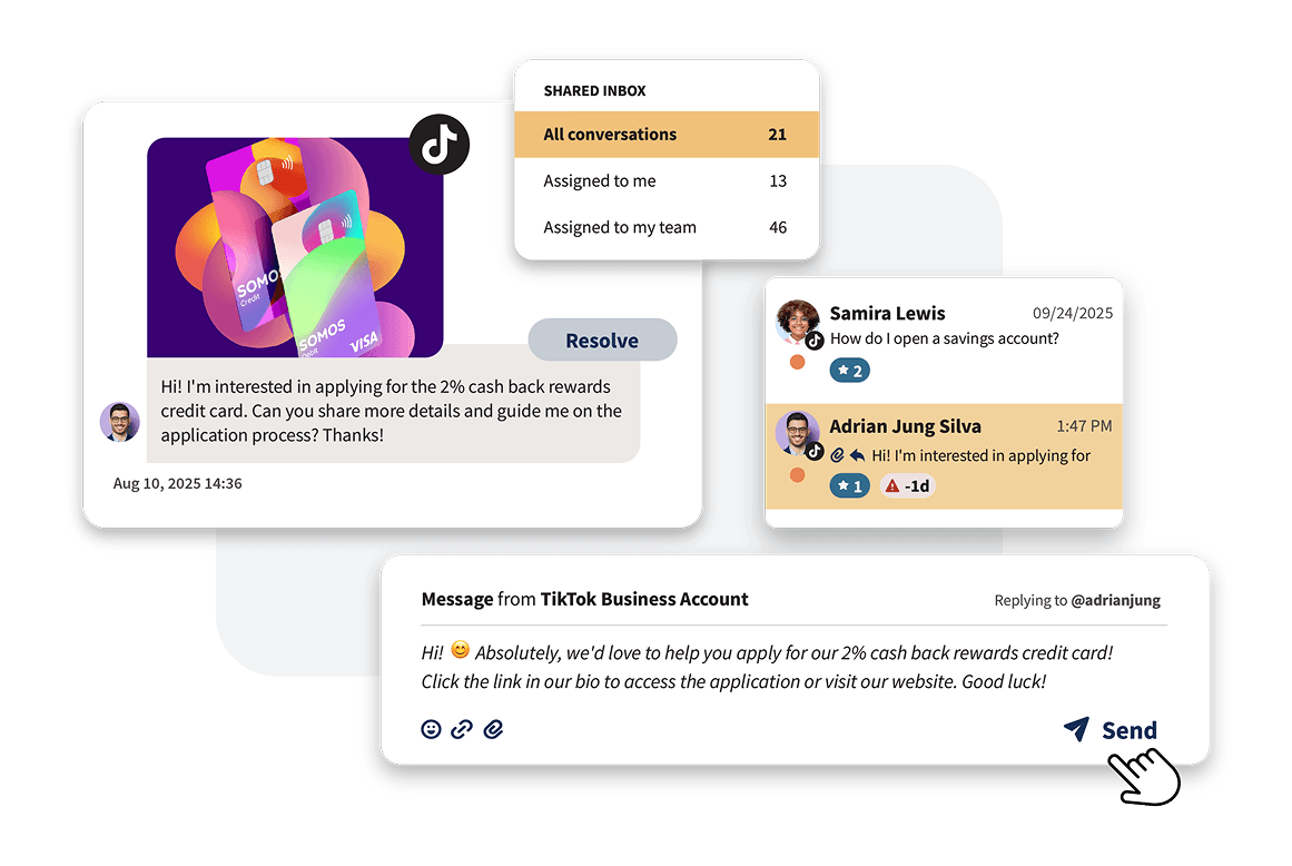 Customer service chat interface showing conversations about credit card applications, with colorful TikTok branding and message threads