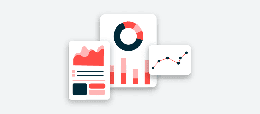 Sample data visualizations: an area chart, donut chart, bar graph, and line graph in coral red and navy blue colors
