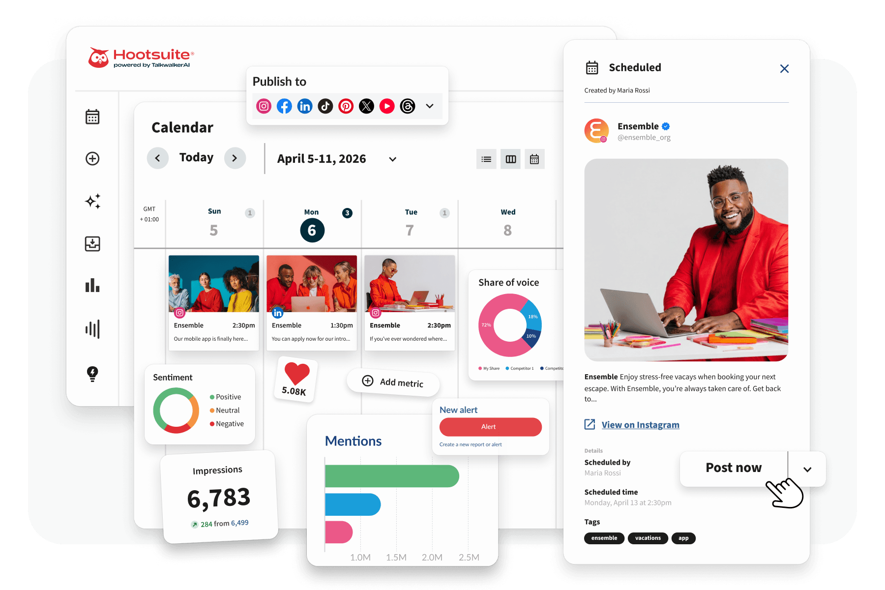 Hootsuite dashboard showing a social media calendar, analytics metrics, and a scheduled post preview with a smiling man in a red jacket.