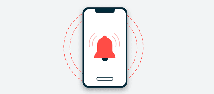 Smartphone displaying a red notification bell icon with animated ripple effects around it on a white background