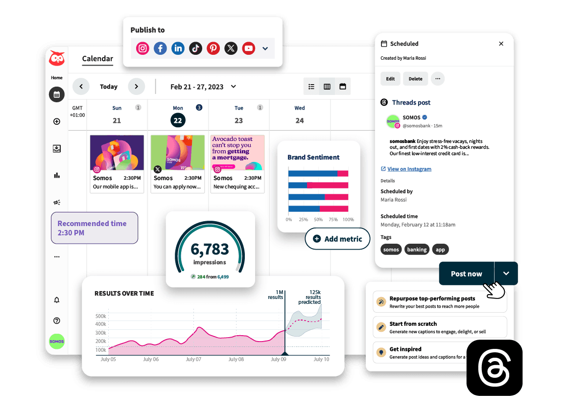 Social media calendar interface showing scheduled posts, analytics graphs, and engagement metrics for a banking app's marketing campaign